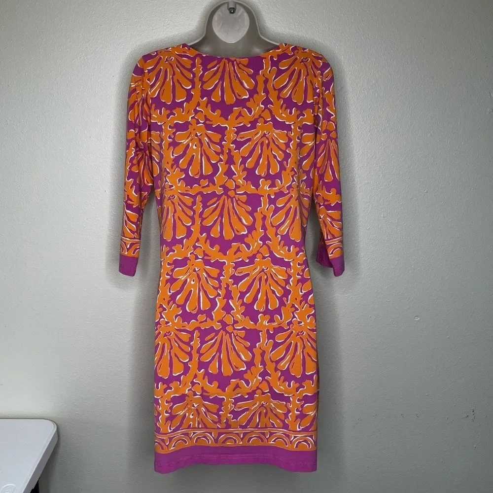 Barbara Gerwit Orange Pink Coral Print Tunic Shift Dress 3/4 Sleeve Women Medium